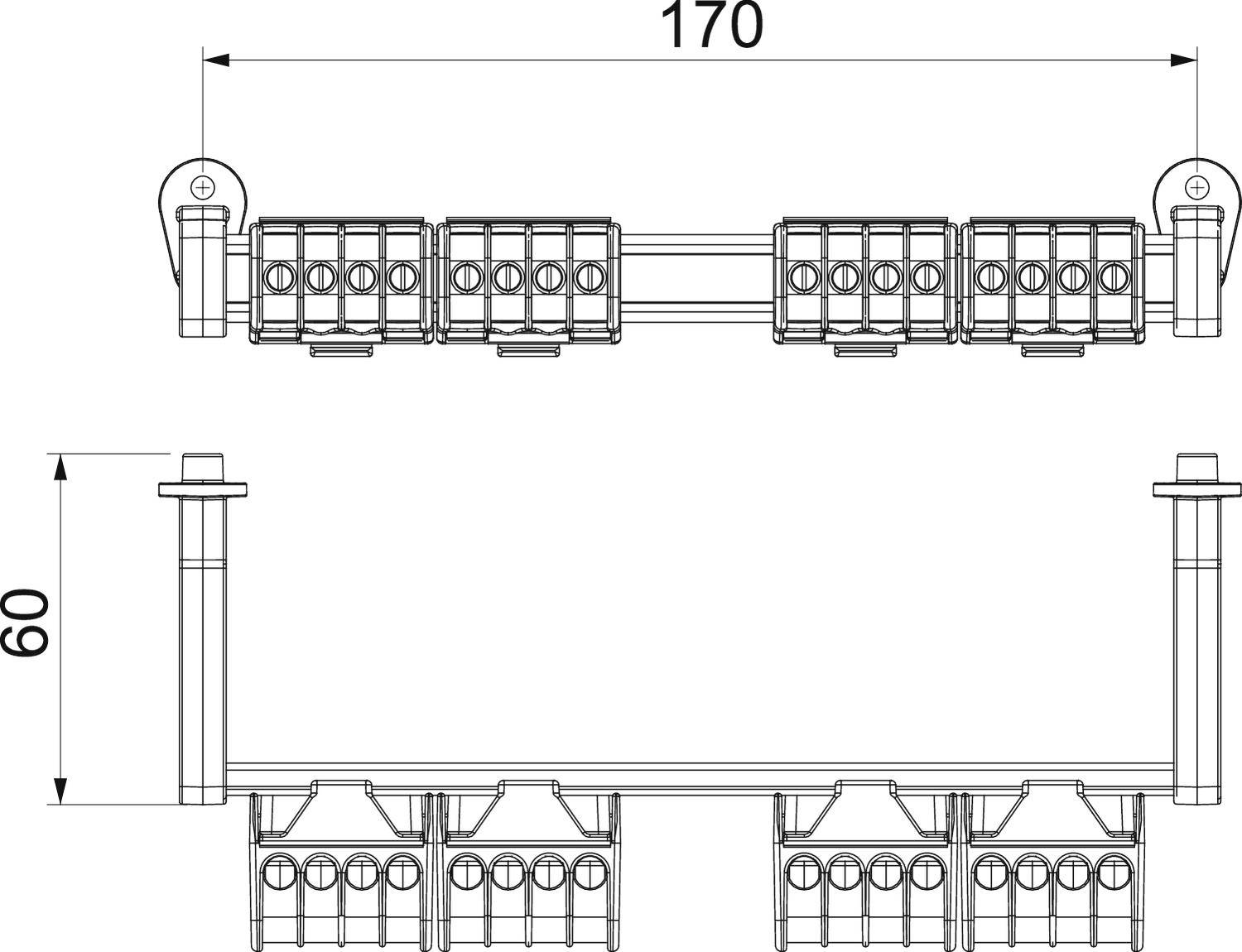 Technische Zeichnung eines elektrischen Bauteils mit Maße 170 mm Breite und 60 mm Höhe von zwei Ansichten.