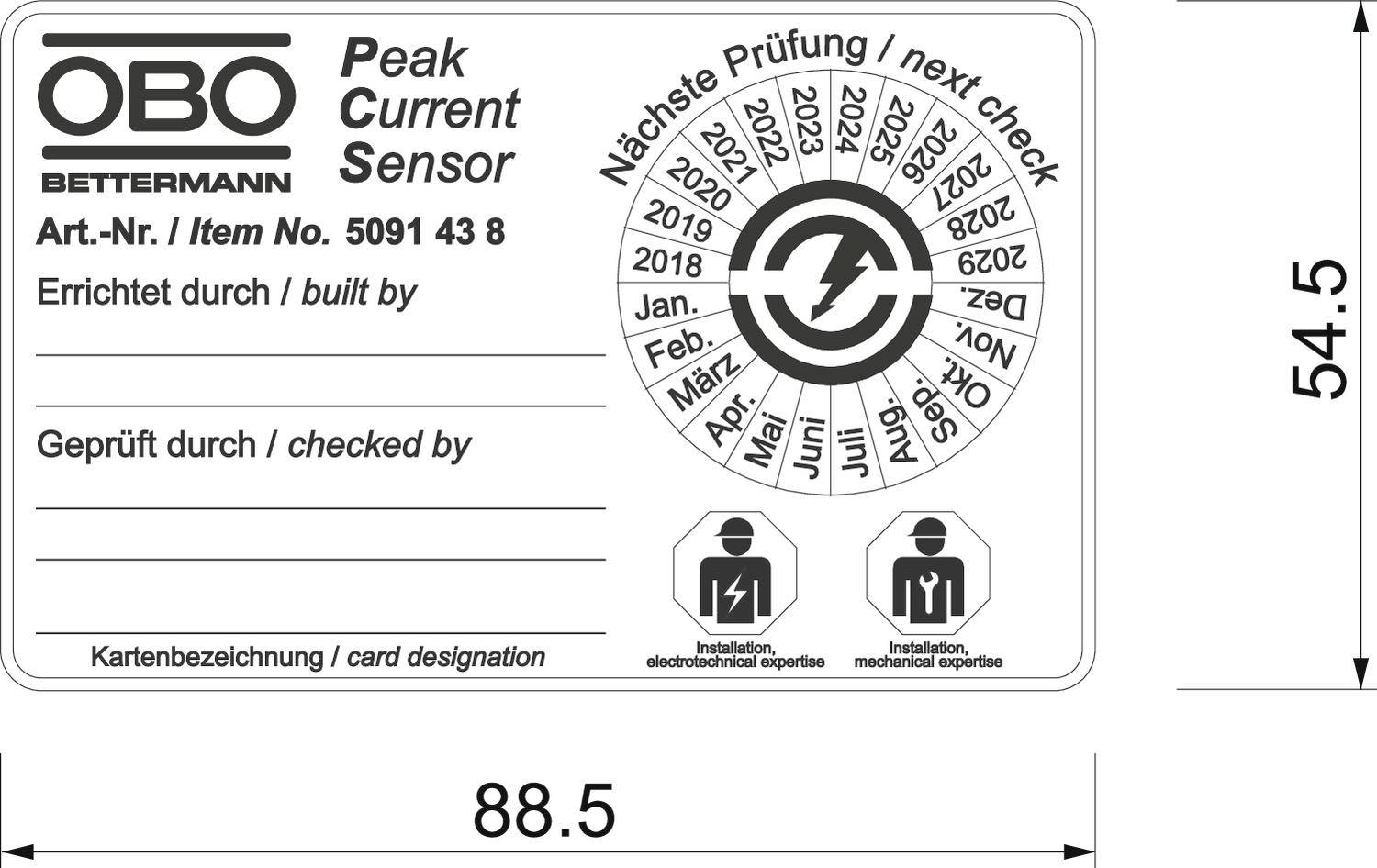 Etikett eines Peak Current Sensors von OBO Bettermann mit Prüftafel und Bürofeldern für Erbauer und Prüfer. Jahresprüfzyklus 2020-2027.