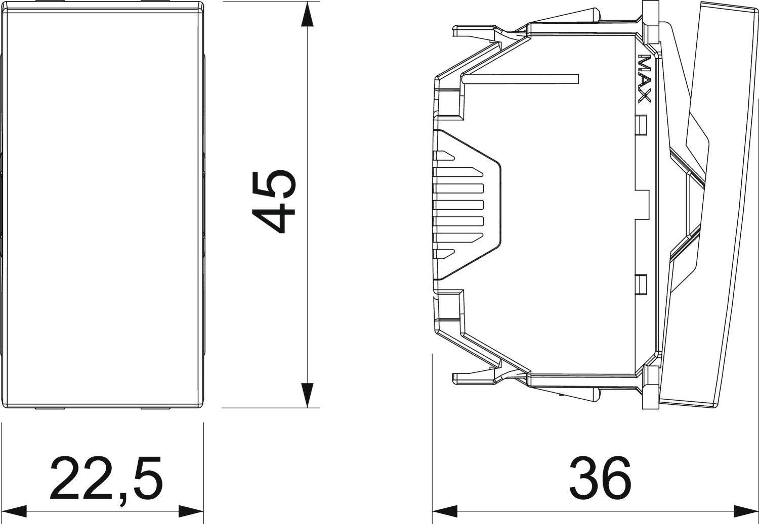 Technische Zeichnung eines Geräts mit Abmessungen: Breite 22,5 mm, Höhe 45 mm, Tiefe 36 mm. Ansicht von oben und der Seite.