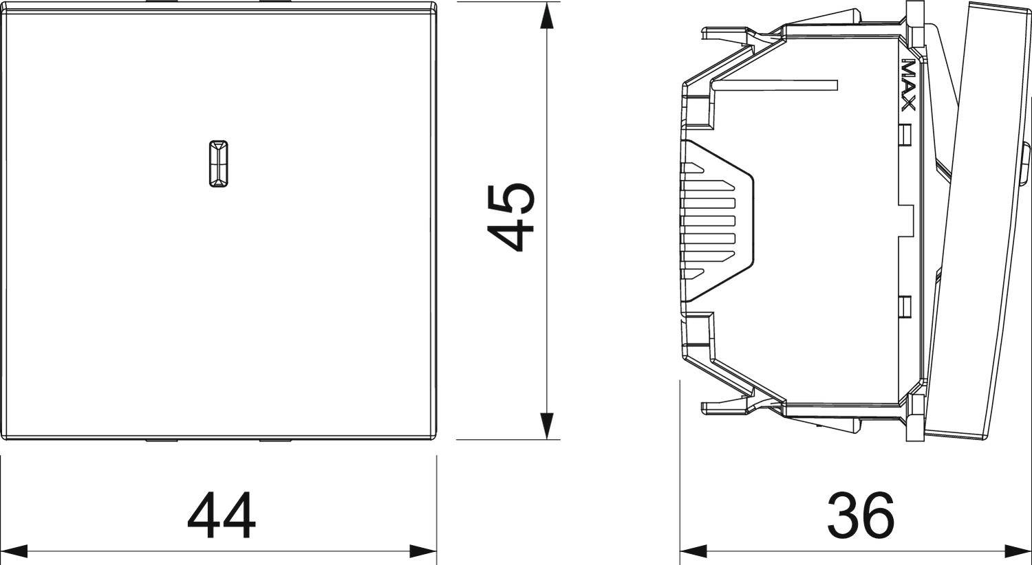 Abbildung eines quadratischen Schalters mit Maßen: Breite 44 mm, Höhe 45 mm und Tiefe 36 mm, seitliche Ansicht zeigt max. Einbauteil.