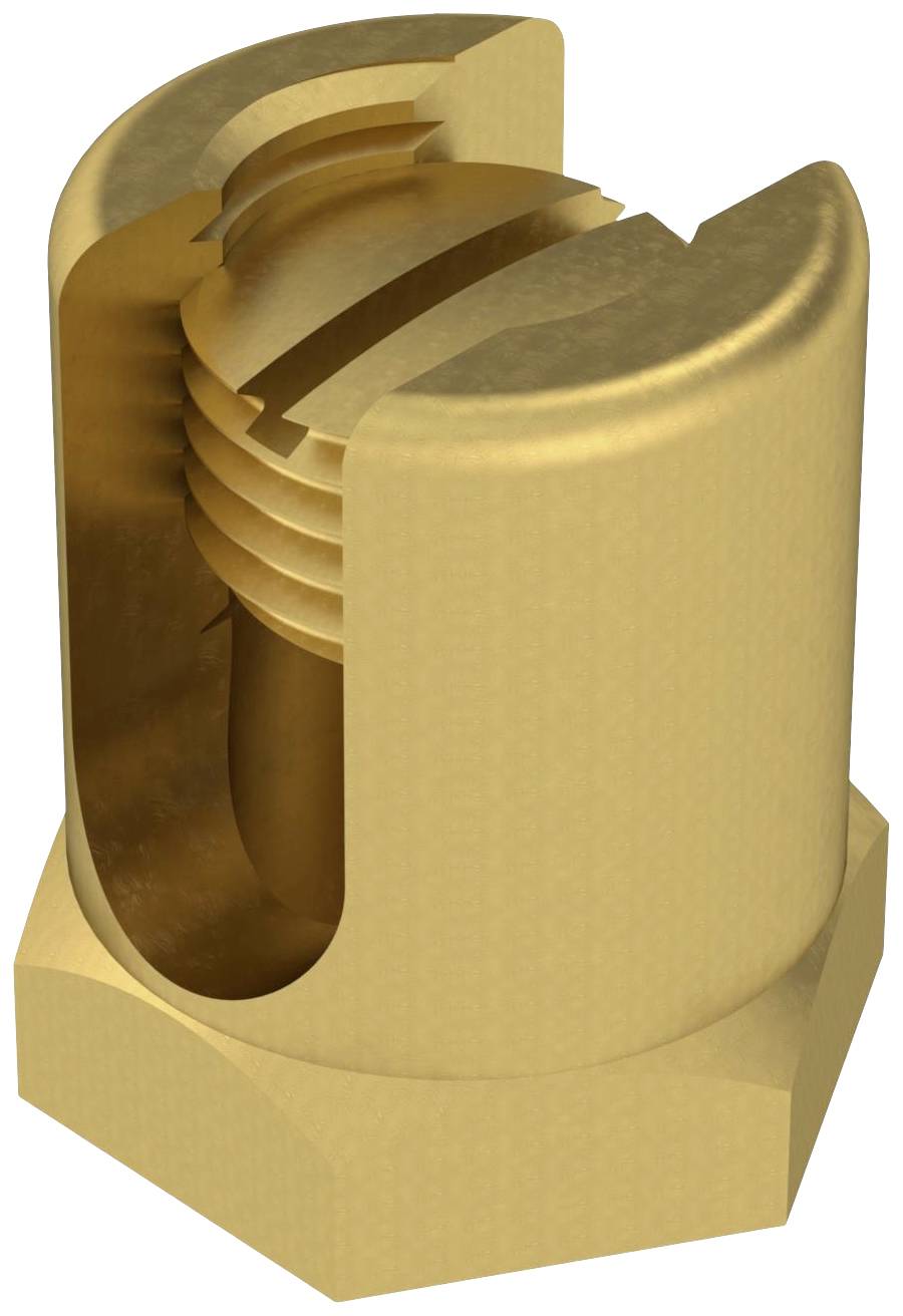 Querschnitt einer goldenen Schraubenmutter zeigt das Innengewinde und die sechseckige Form.