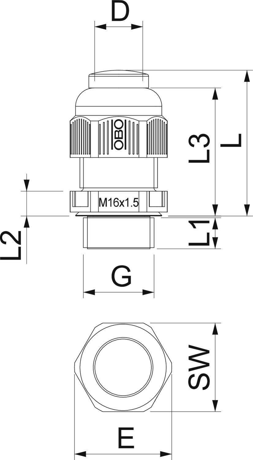 Technische Zeichnung einer Kabelverschraubung mit Gewinde 'M16x1.5'. Beschriftete Maße: L, L1, L2, L3, D, G, SW und E.