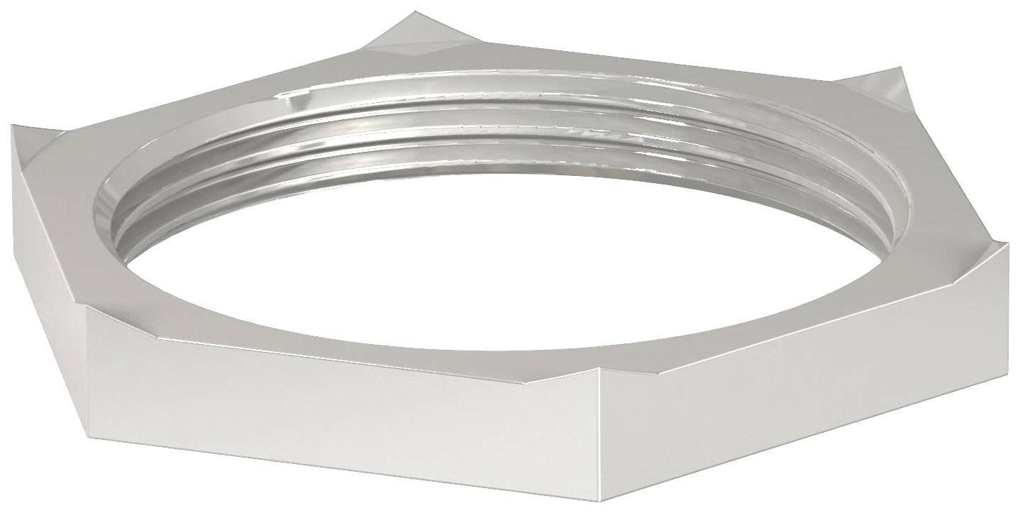 Ein silberner Sechskant-Kontermutterring mit glatter, glänzender Oberfläche, geeignet zur Sicherung von Schraubverbindungen.