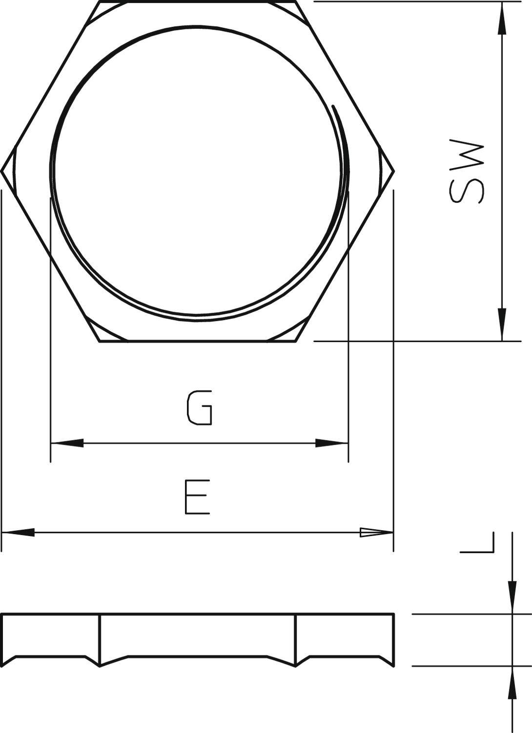 Technische Zeichnung einer Sechskantmutter mit den Bezeichnungen für Gewindedurchmesser 'G', Schlüsselweite 'SW', Länge 'L' und Abstand 'E'.