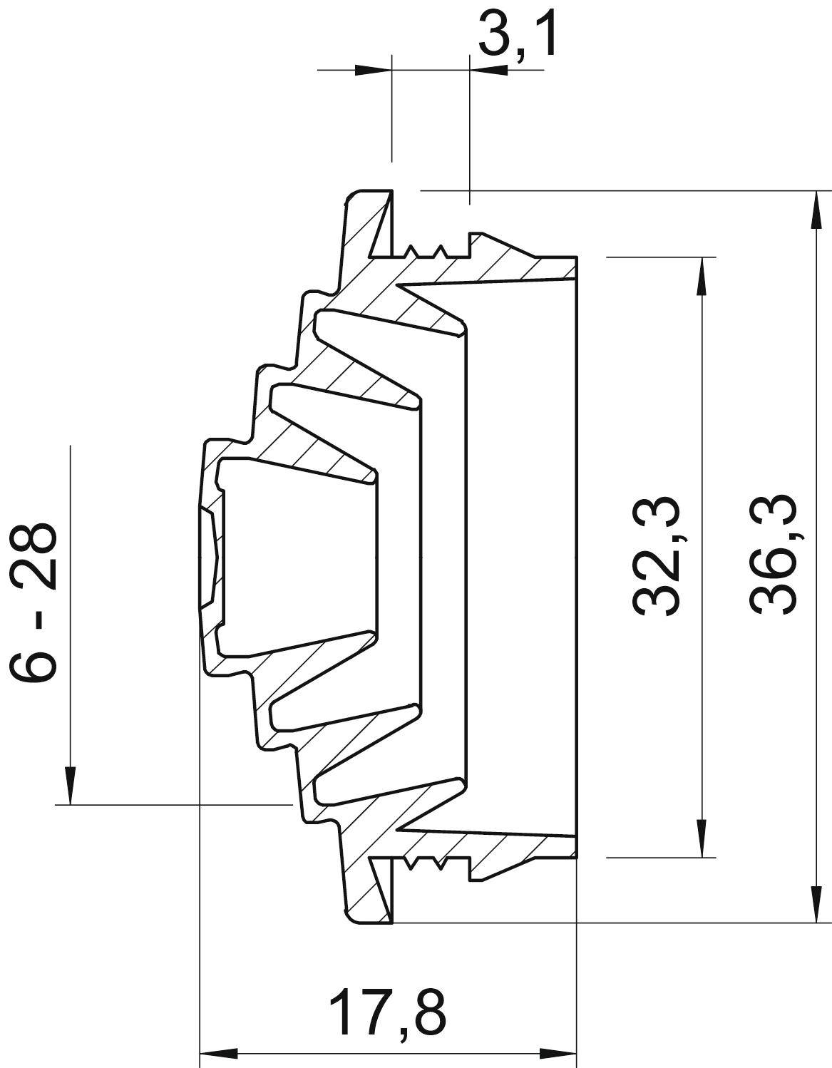 Technische Zeichnung eines Zahnrads im Querschnitt mit Maßen: Höhe 36,3 mm, Außenbreite 17,8 mm und Zahnlücke von 3,1 mm.