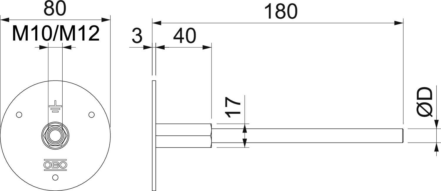 Technische Zeichnung einer zylindrischen Halterung mit Maßen: Länge 180 mm, Durchmesser 80 mm, Bohrungen M10/M12.