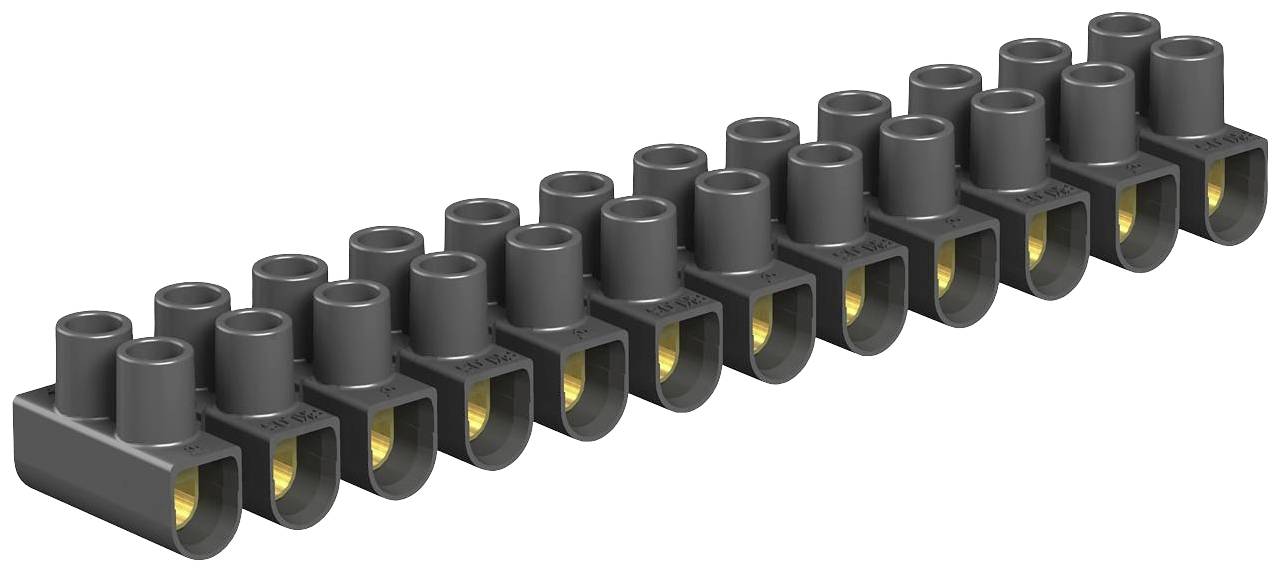 Eine schwarze Lüsterklemme mit mehreren Klemmen in einer Reihe zum Verbinden elektrischer Kabel. Essentiell für Elektroinstallationen.