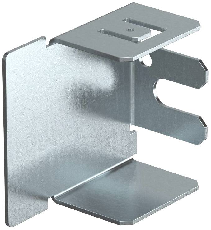 Metallwinkel, der als Halterung dient. Eine Seite hat einen rechteckigen Schlitz, die andere eine gezackte Öffnung für Montagezwecke.