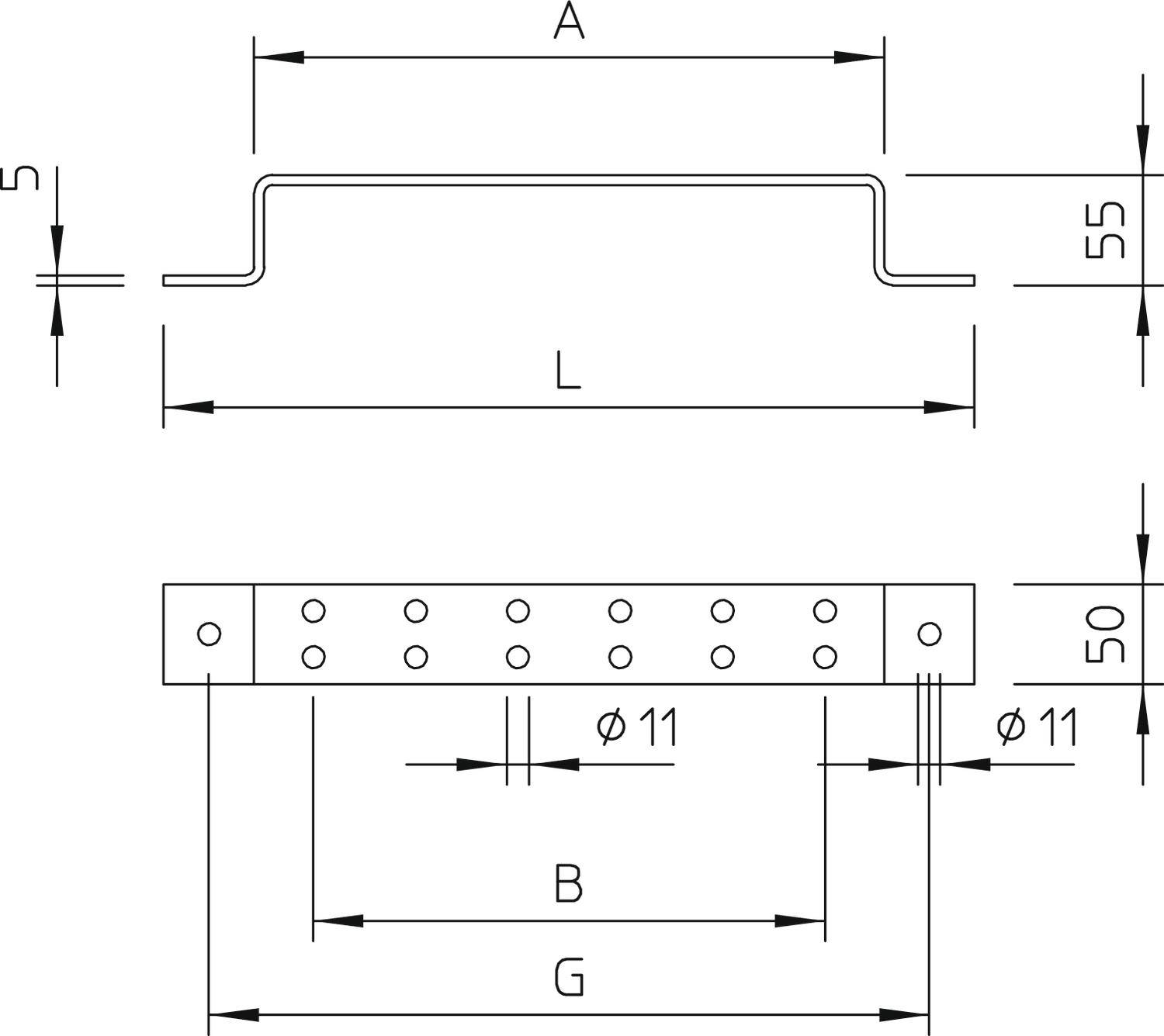 Technische Zeichnung zeigt eine U-Profil-Stahlkomponente mit Maßen. Obere Ansicht: Breite A, Länge L. Untere Ansicht: Abstände B und G, Bohrungen Ø11.