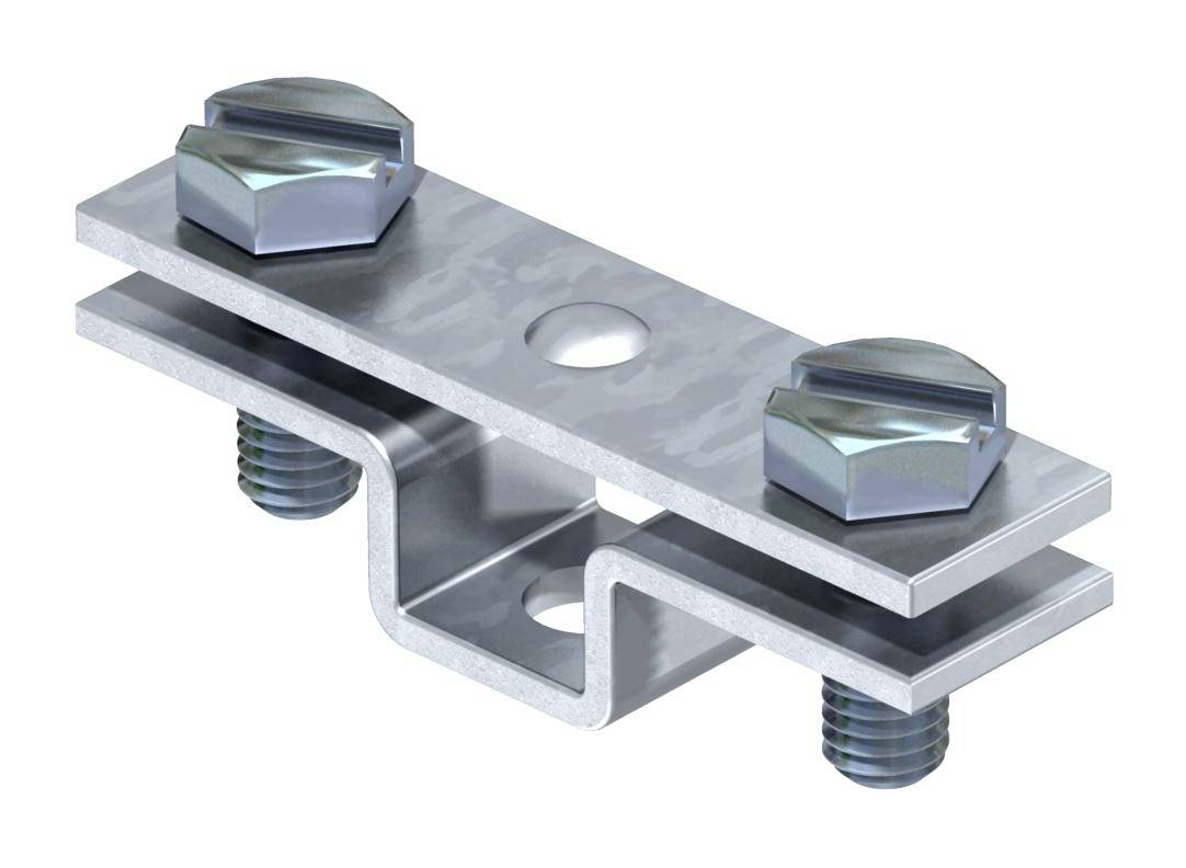 Metallisches Bauteil mit zwei Schraubverbindungen, bestehend aus zwei sich überlappenden Platten, zur Fixierung oder Befestigung.