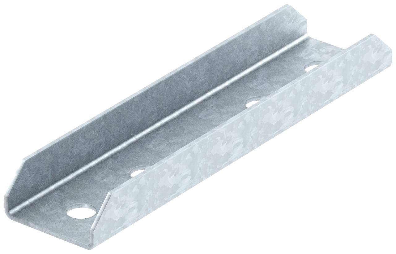 Ein U-förmiger Metallträger mit vier Löchern, geeignet für Verbindungen in Bauprojekten oder zur Befestigung struktureller Elemente.