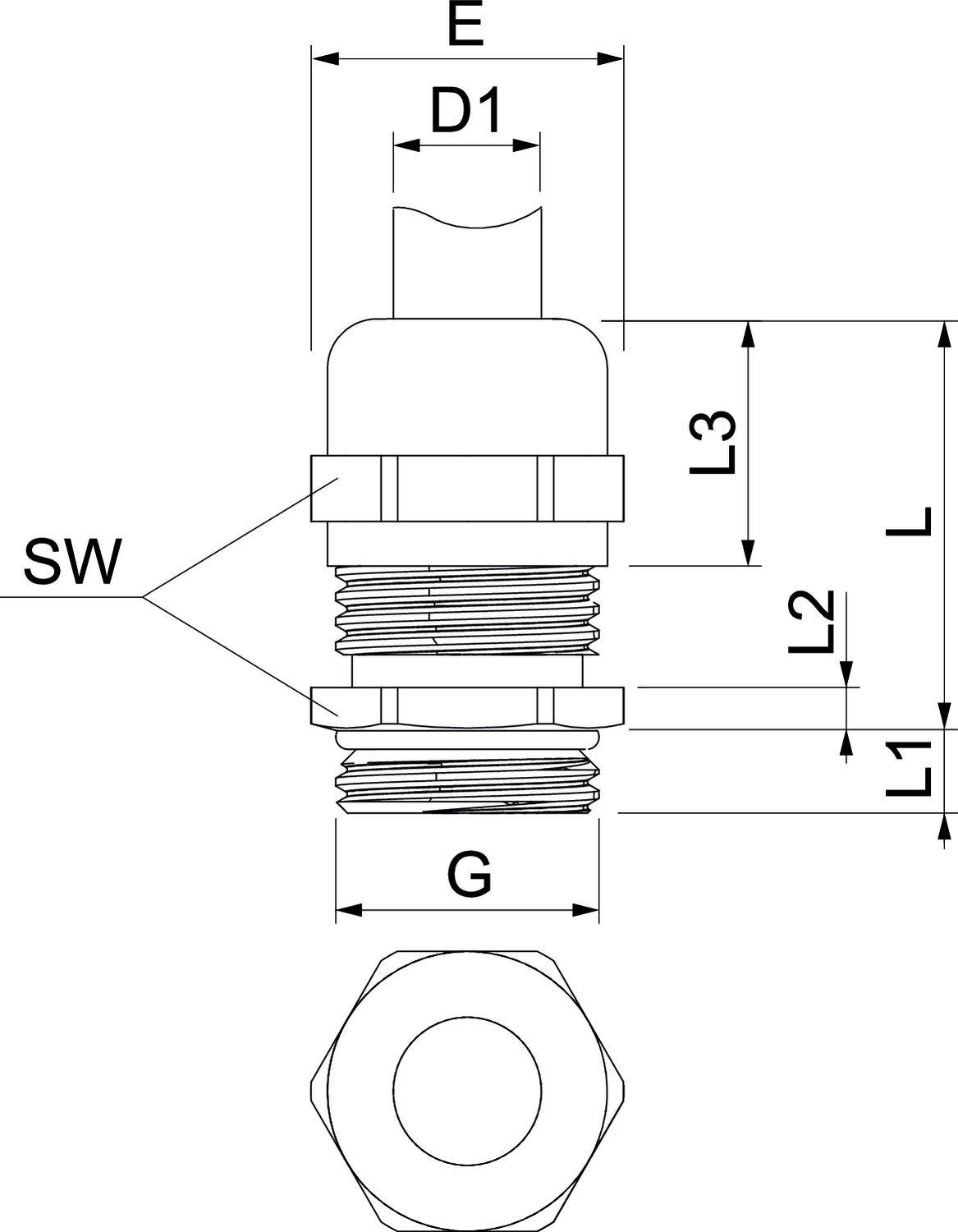 Technische Zeichnung eines zylindrischen Bauteils mit Gewinde. Beschriftet mit Maßeinheiten: E, D1, L3, L2, L, L1, G, SW. Draufsicht und Seitenansicht.