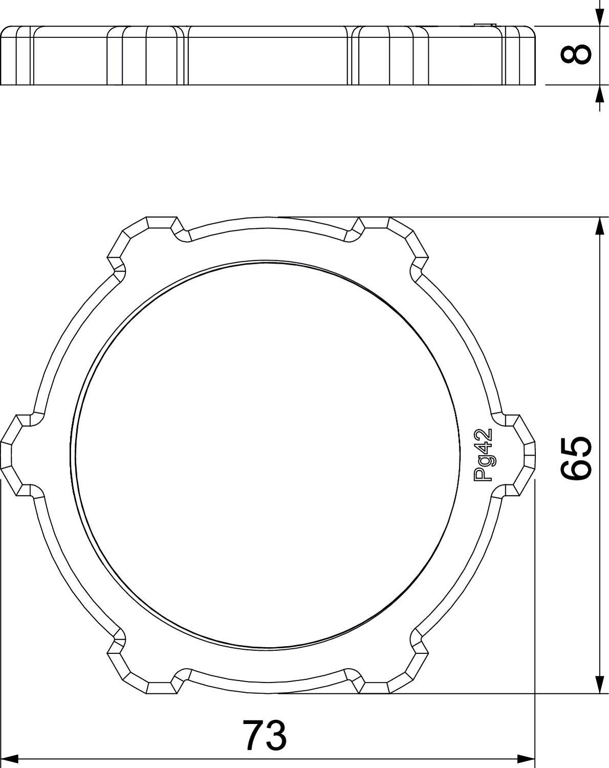 Technische Zeichnung eines sechseckigen Objekts mit einem Durchmesser von 73 mm. Seitenansicht zeigt eine Höhe von 8 mm.