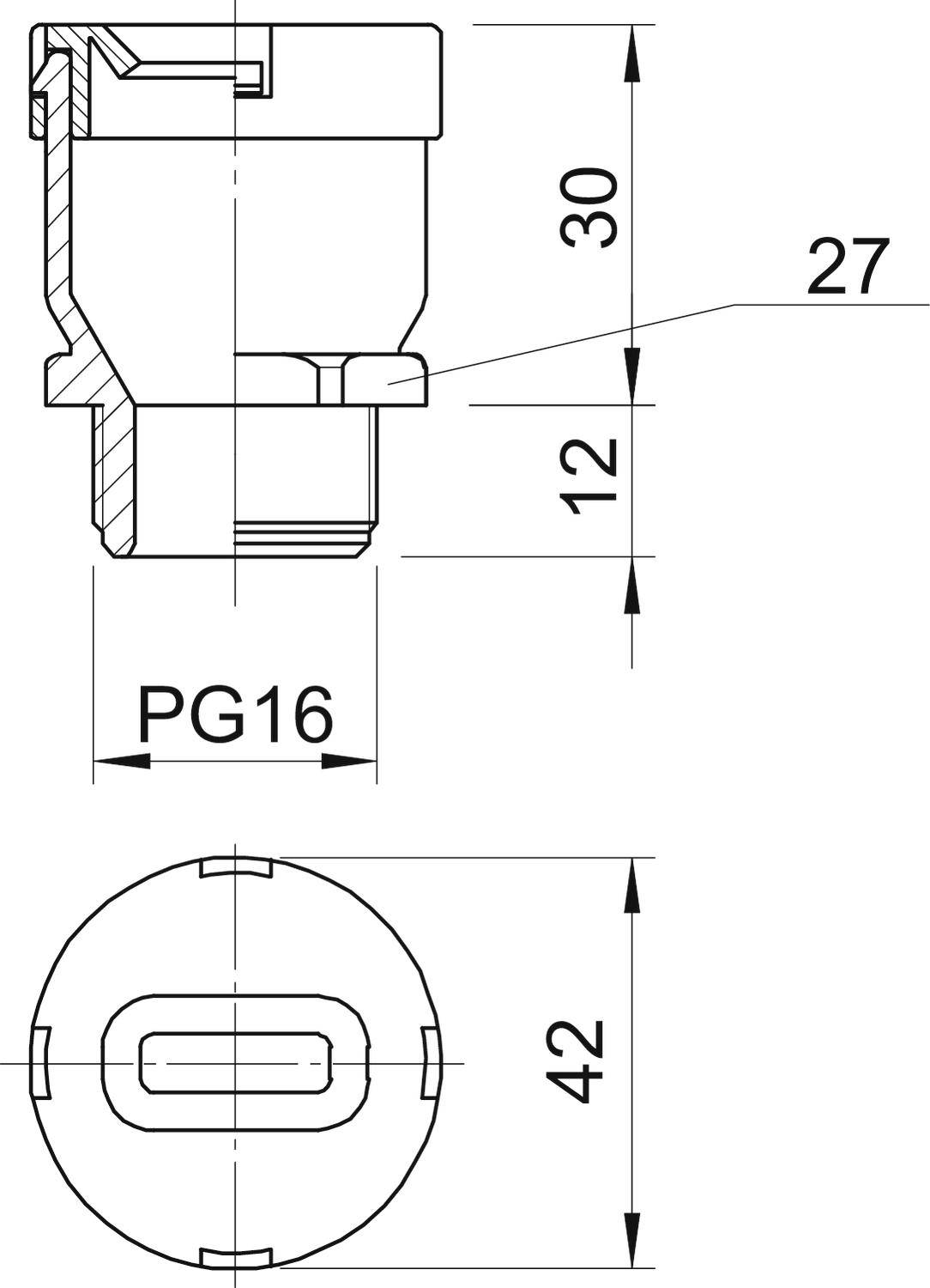 Technische Zeichnung eines Steckers mit Maßen: Durchmesser oben 27 mm, unten PG16, Gesamthöhe 42 mm. Seitenansicht zeigt Höhen von 30 mm und 12 mm.