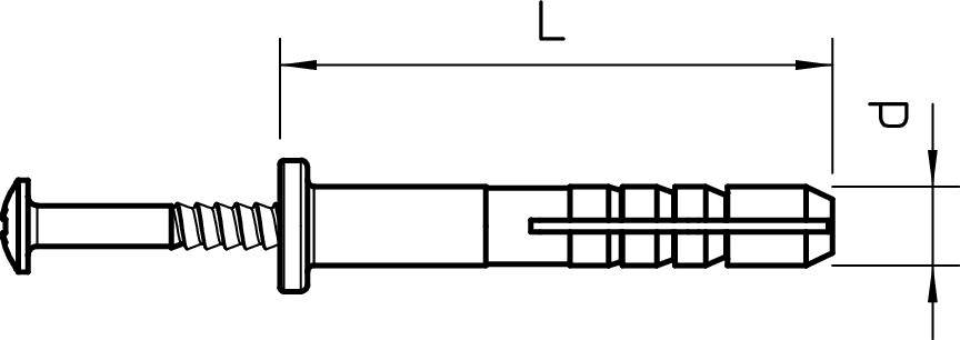 Zeichnung eines Dübel-Schraubensystems mit markierten Abständen 'L' und 'P'.