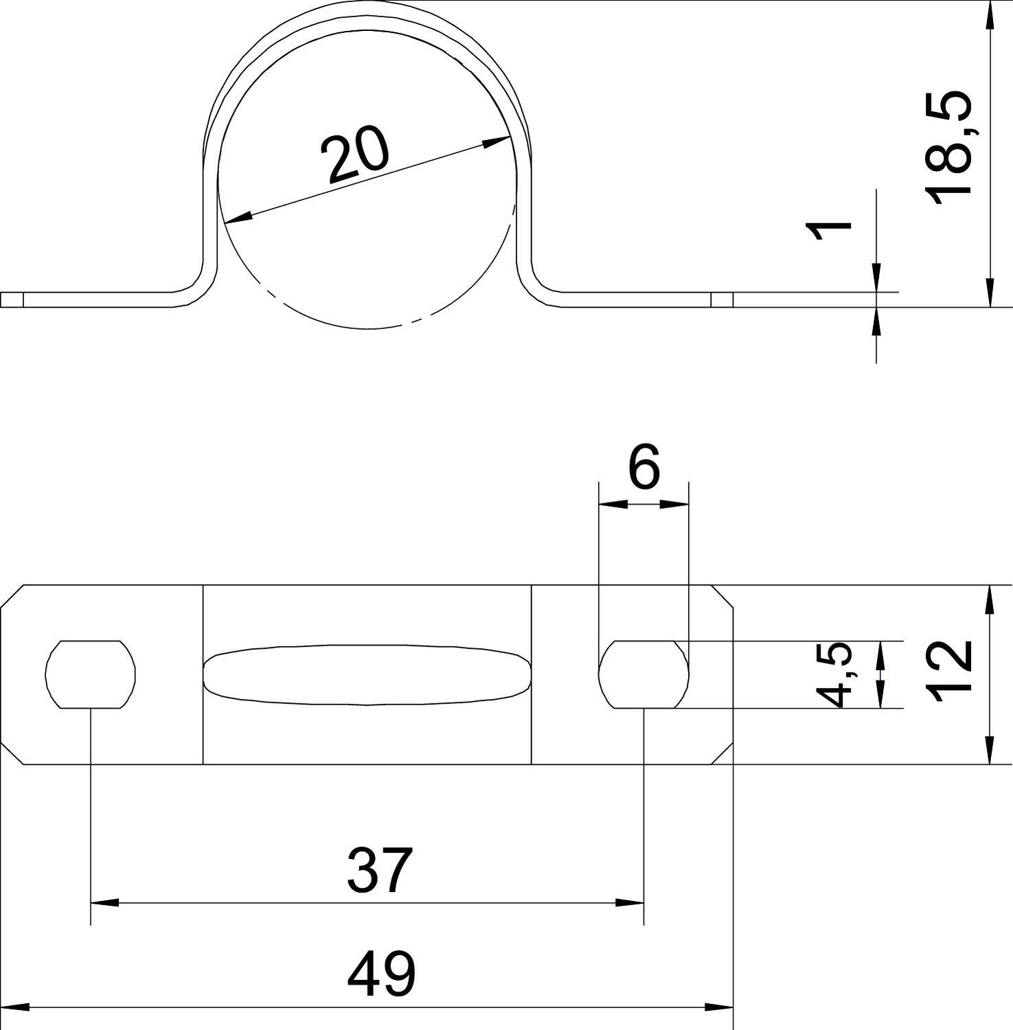 Technische Zeichnung eines Rohrschellen-Haltebügels mit Maßangaben: 20 mm Rohrdurchmesser, 18,5 mm Mitte bis Kante, 49 mm Länge.