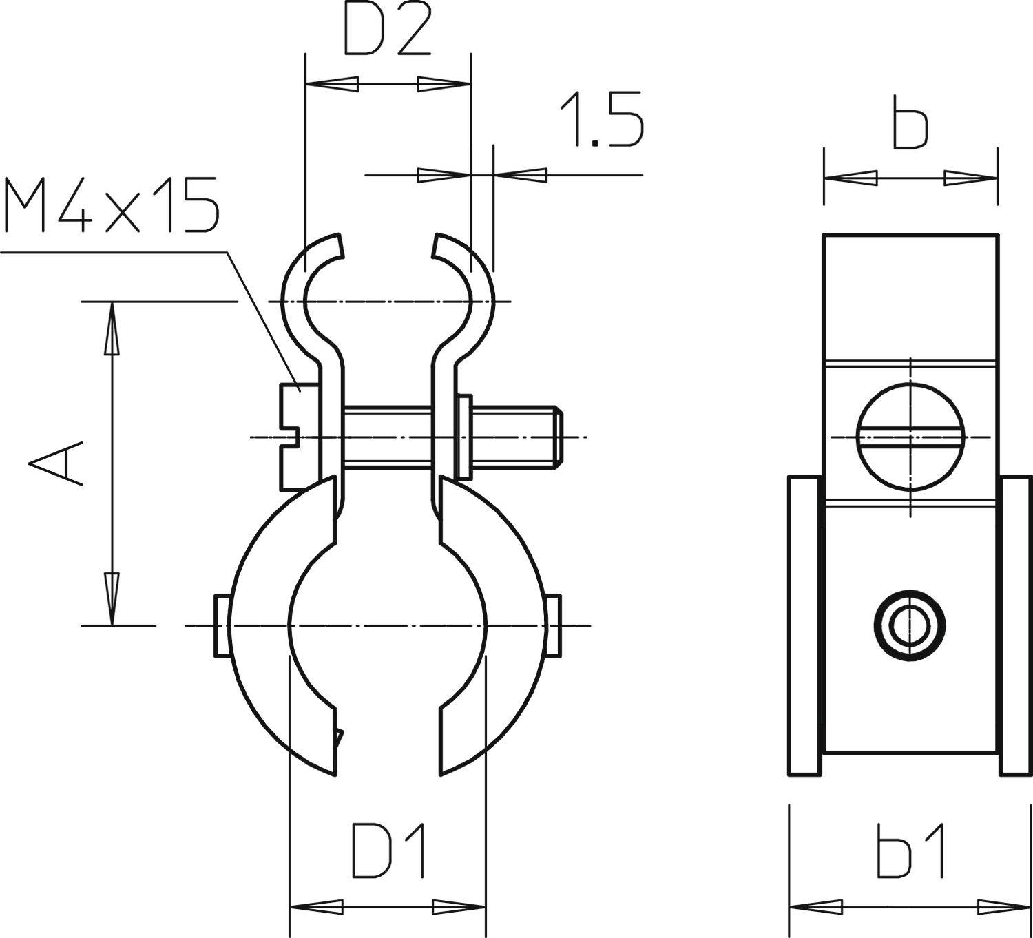 Technische Zeichnung einer Rohrschelle mit Maßen: M4x15 Schraube, D1 und D2 Durchmesser, 1.5 Abstand, b, b1 Breite.