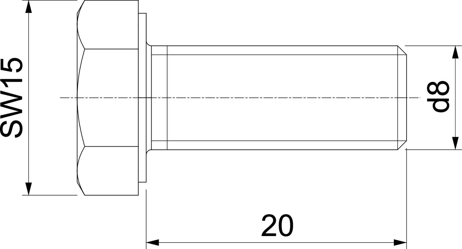 Technische Zeichnung einer Schraube: SW15, Durchmesser 8 mm, Länge 20 mm. Zeigt Details der Abmessungen zum Schaft und Kopf.