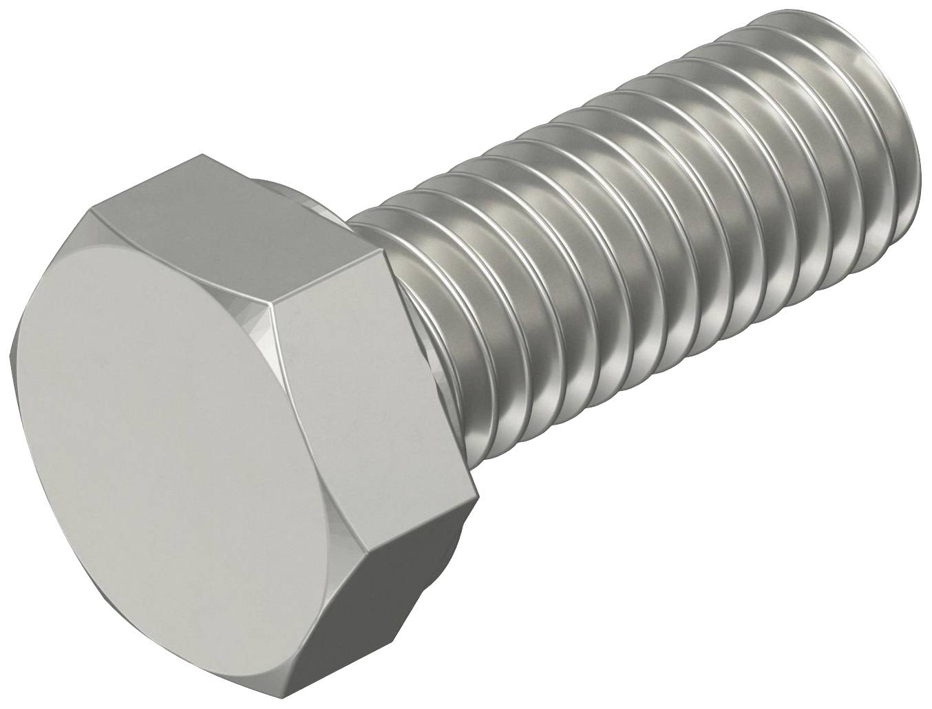 Sechskantschraube aus Metall, silbrig glänzend, mit Gewinde; häufig in mechanischen Anwendungen eingesetzt.
