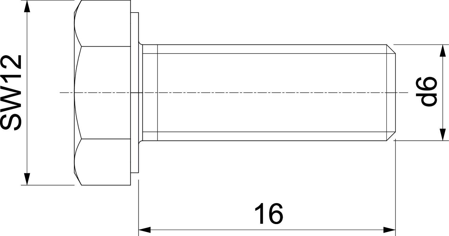 Technische Zeichnung einer Schraube mit sechskantigem Kopf. Maße: Kopfweite SW12, Schaftdurchmesser d6, Schaftlänge 16 mm.