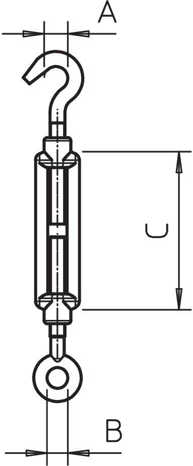 Technische Zeichnung eines Spannschlosses mit Haken und Öse. Maße A und B für Breite der Enden, Maß C für die Gesamtlänge angezeigt.