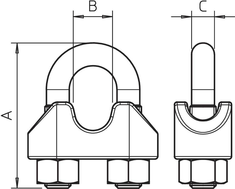 Technische Zeichnung von einem Seilklemmbügel, zeigt Vorder- und Seitenansicht mit Beschriftungen für Abmessungen A, B, C.
