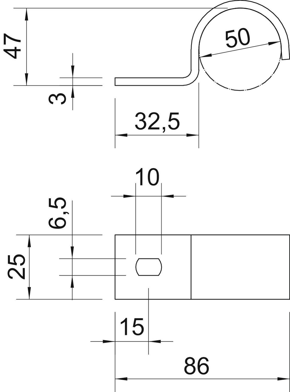 Technische Zeichnung einer Metallhalterung: L-Profil mit einer Rundung, Maße 47x50 mm oben, Gesamtlänge 86 mm, verschiedene Höhen markiert.