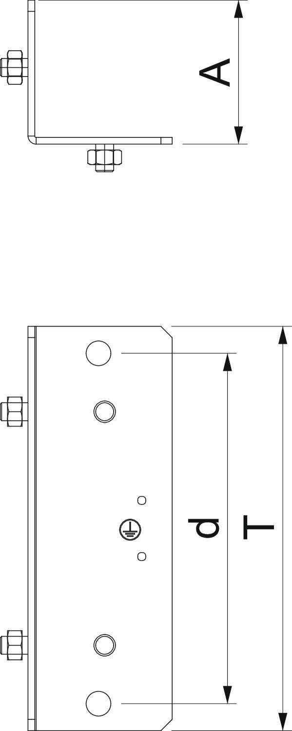 Technische Zeichnung einer Metallhalterung mit zwei Ansichten. Oben eine Seitenansicht mit Maß 'A', unten eine Frontansicht mit Maßen 'd' und 'T'.