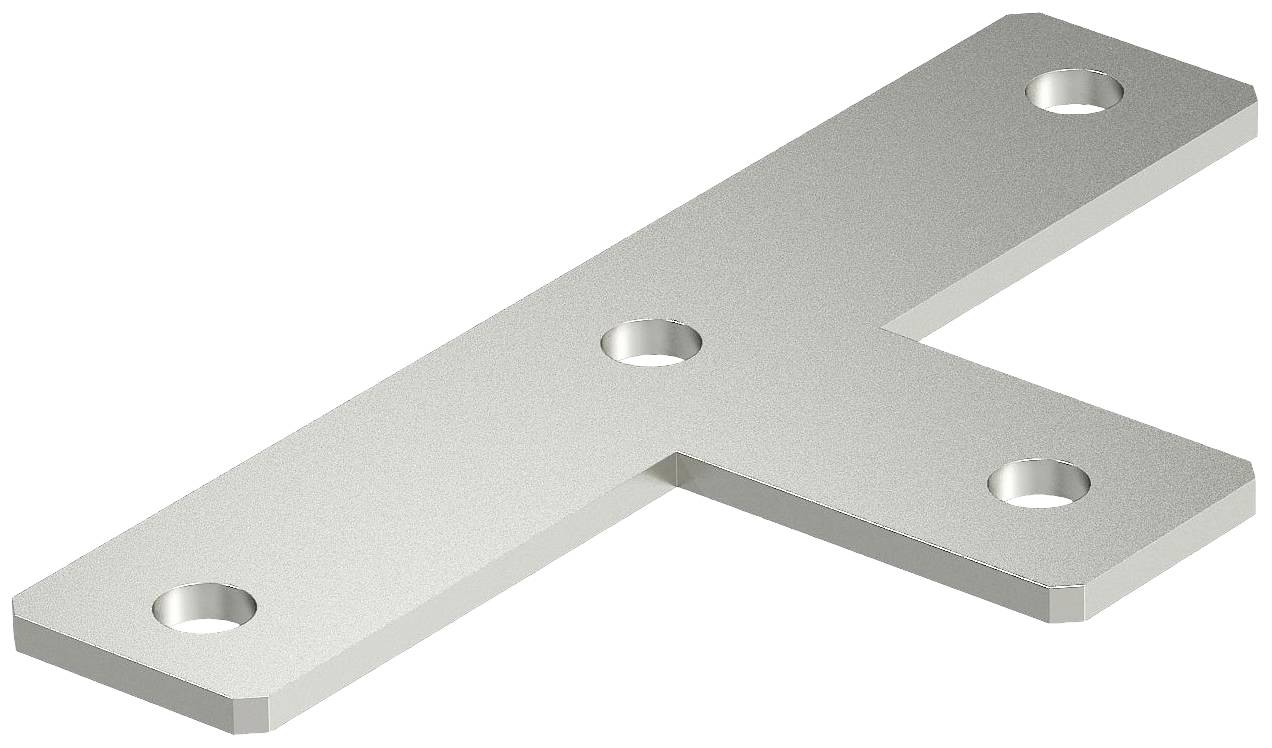 Metallwinkelverbinder mit vier Bohrlöchern zur Befestigung, in L-Form, auf einem weißen Hintergrund. Geeignet für Konstruktionen.