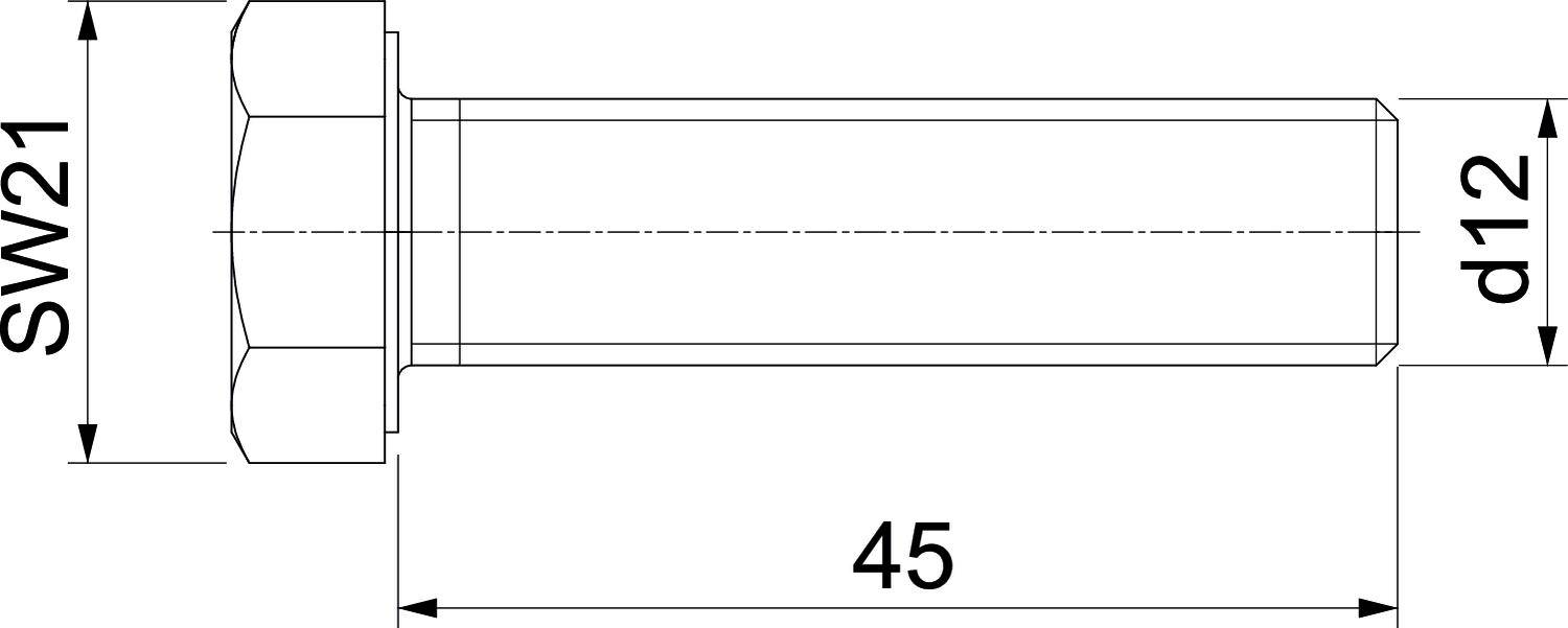 Technische Zeichnung einer Schraube mit sechseckigem Kopf, Gewindedurchmesser von 12 mm (d12), Schlüsselweite 21 mm (SW21), Länge 45 mm.