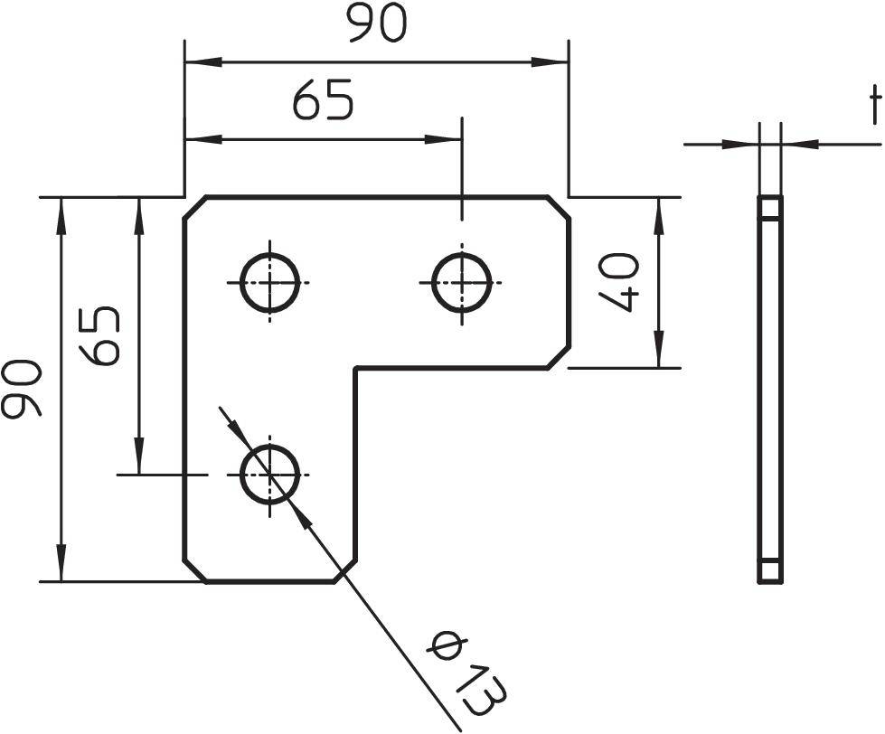 Technische Zeichnung eines rechtwinkligen Metallwinkels mit vier Bohrungen. Maße: 90x90 mm, Mitte zu Mitte 65 mm, Bohrdurchmesser 13 mm.