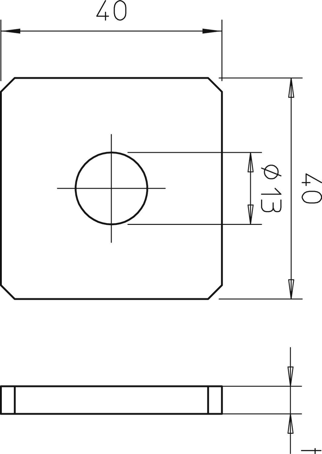 Technische Zeichnung eines quadratischen Teils mit den Maßen 40x40 mm und einem zentralen Loch von 13 mm Durchmesser.
