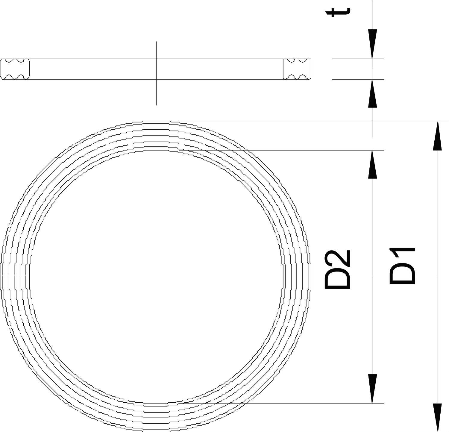 Technische Zeichnung eines O-Rings. Oben Querschnitt, unten Draufsicht. Beschriftet mit 'D1', 'D2' und 't' für Abmessungen.