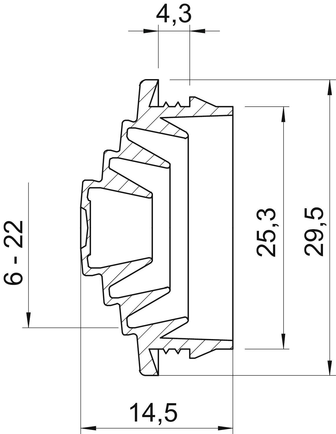 Technische Zeichnung eines Zahnrads mit Abmessungen: Durchmesser 14,5 mm, Höhe 25,3 mm, obere Kante 4,3 mm, untere Spanne 6-22 mm.