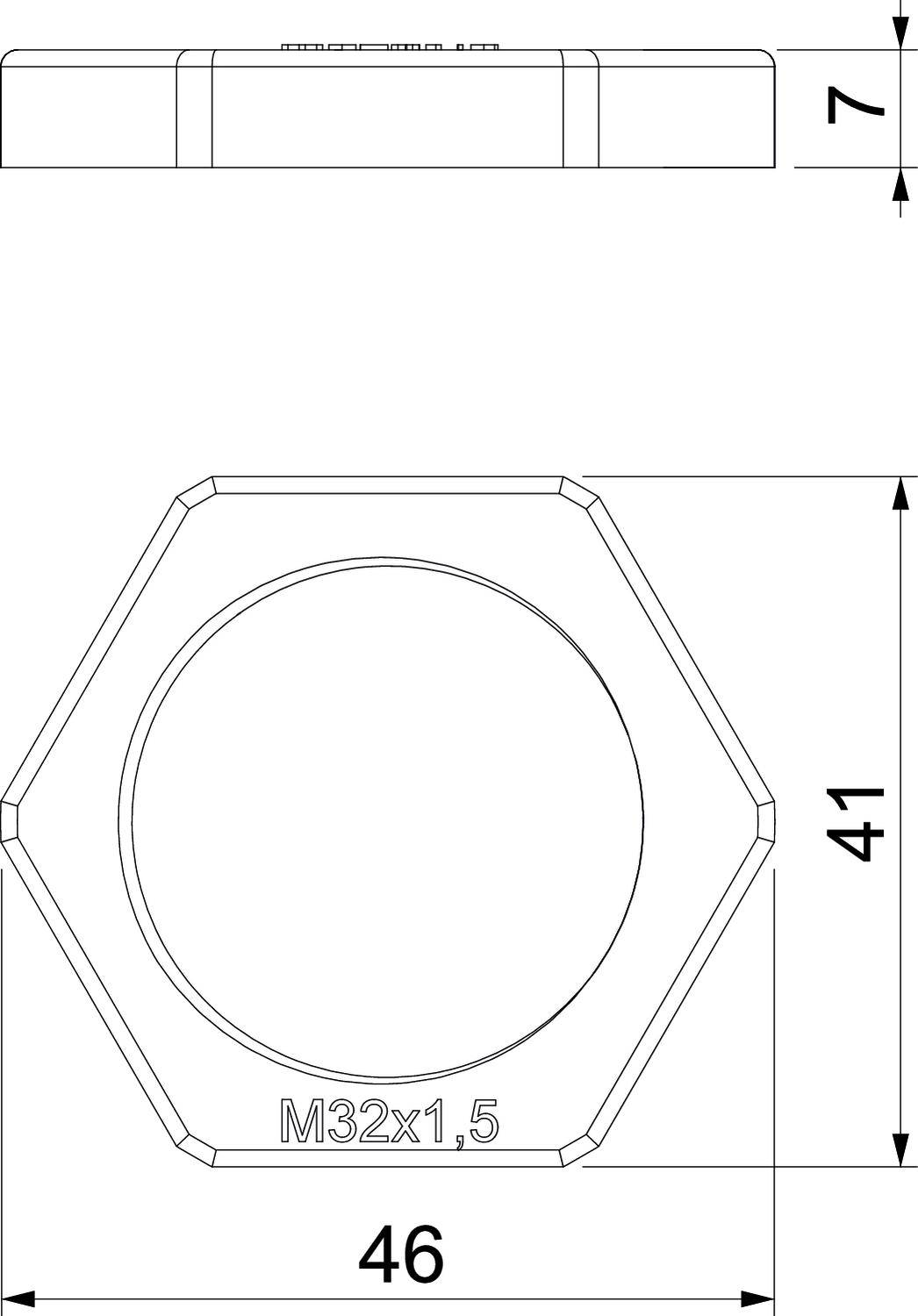 Technische Zeichnung einer sechseckigen Mutter mit den Maßen: 46 mm Durchmesser, 7 mm Höhe, Gewinde M32x1,5.
