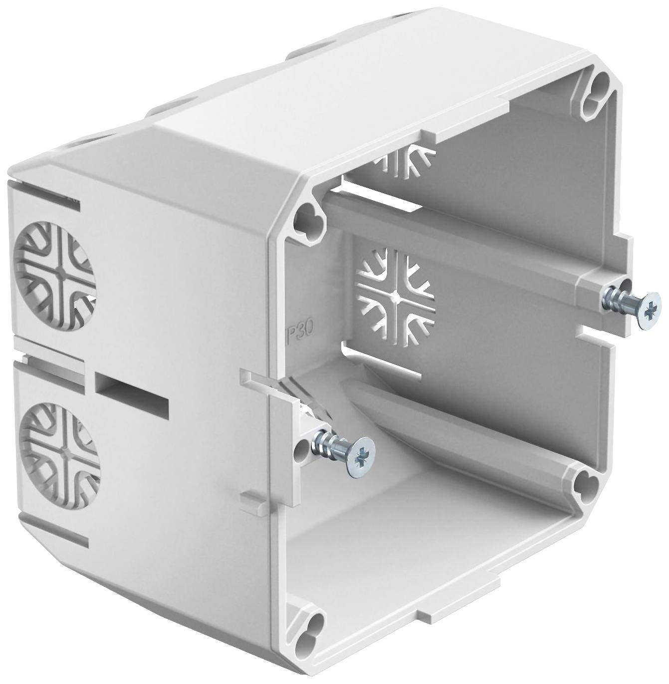 Weiße, rechteckige Kunststoff-Elektroinstallationsdose mit Schraubenlöchern und seitlichen Öffnungen zur Kabeldurchführung.