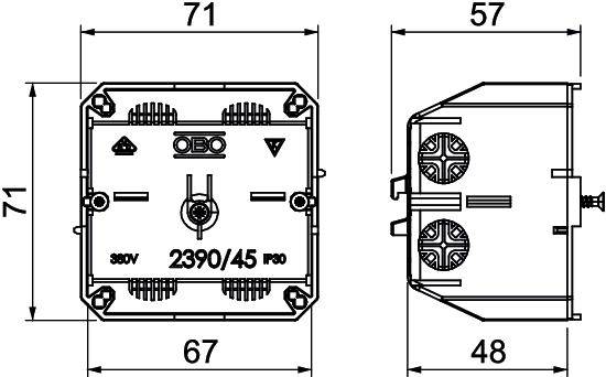 Technische Zeichnung einer Verbindungsdose mit Abmessungen: 71x71 mm, 57 mm Tiefe. Markenname und Modellnummer sichtbar: OBO 2390/45, IP30, 380V.