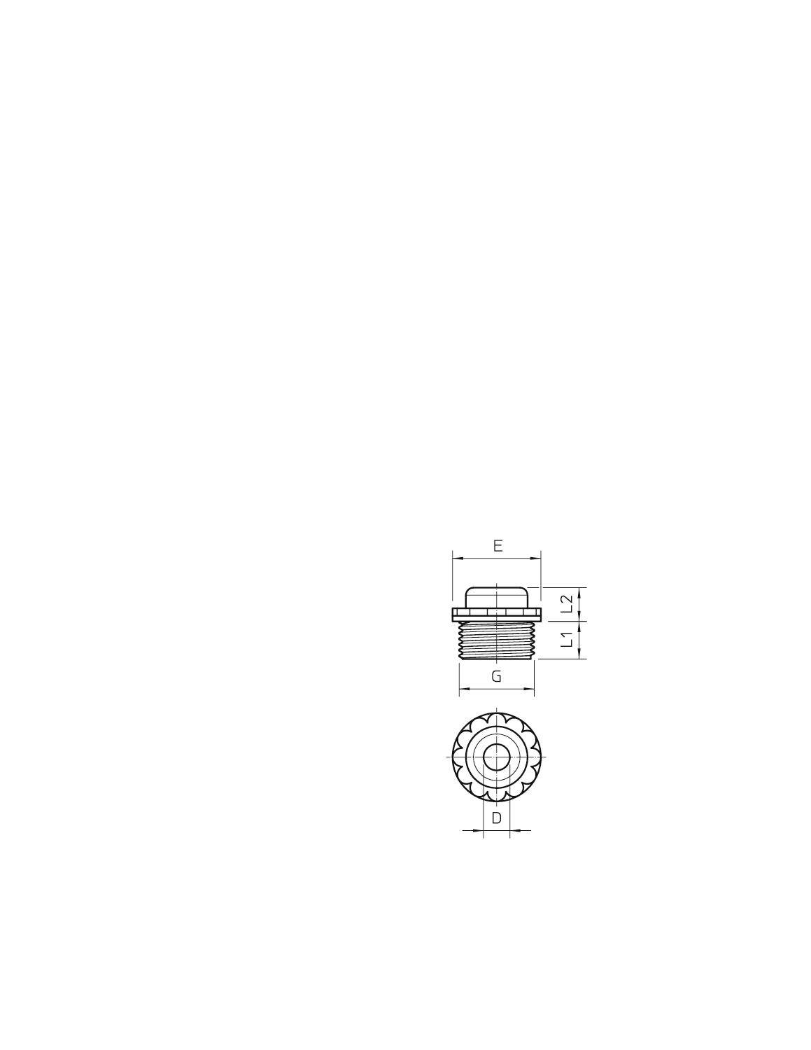 Technische Zeichnung: Darstellung eines sechseckigen Verschlusses mit Gewinde. Maße: Länge L1, L2; Durchmesser D, E, G.