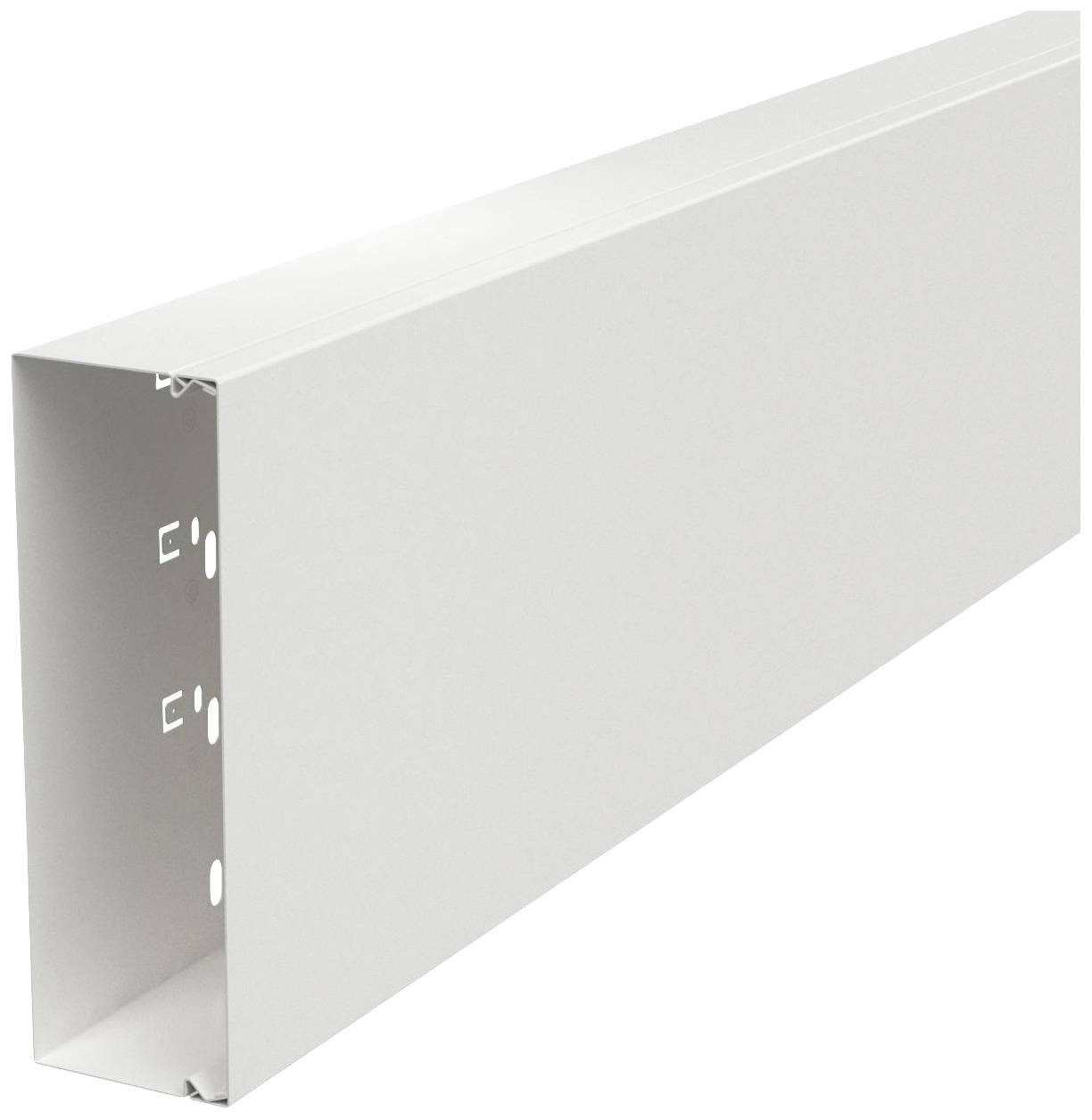 Rechteckiges, weißes Metallprofil, das wie ein Abschnitt eines Lüftungskanals aussieht. Es hat kleine seitliche Befestigungslöcher.