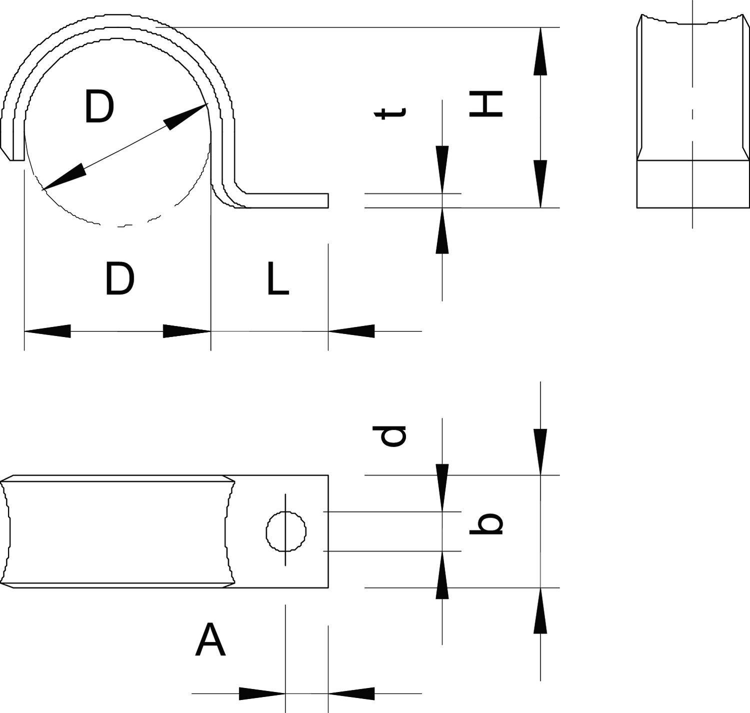 Technische Zeichnung eines Rohrhalters mit Maßen: 'D', 'L', 'H', 't', 'd', 'b', 'A' angegeben. Zeigt Klemmhalter in verschiedenen Ansichten.