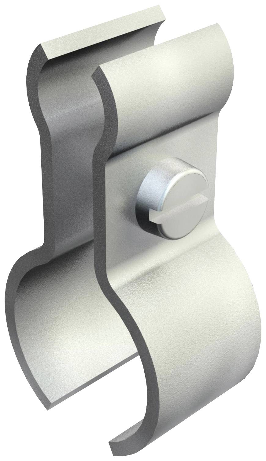 Metallklemme mit gebogenem Design und Schraube, verwendet zur Befestigung von Objekten oder Materialien.