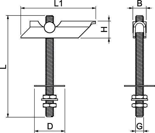 Technische Zeichnung eines Schraubverbinders mit Maßen: Gesamtbreite (B), Länge (L, L1), Höhe (H), Durchmesser (D), Gewindedurchmesser (G). Schraube mit Muttern.