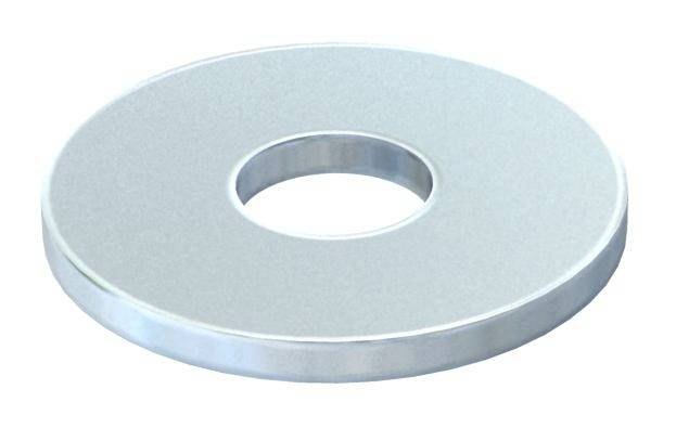 Eine silberne Unterlegscheibe aus Metall mit mittigem Loch. Geeignet zur Verteilung von Gewichten oder Sicherung von Verbindungen.