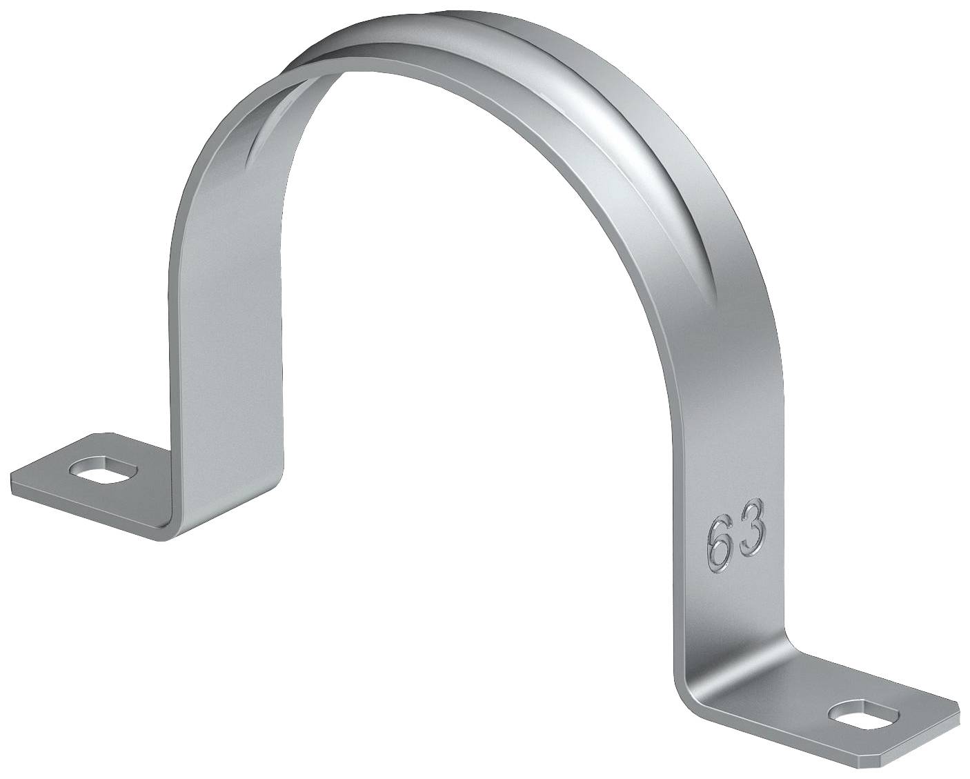 Metallkabelschelle mit halbrundem Bügel. Zwei Befestigungslöcher. Die Zahl '63' auf der rechten Seite eingeprägt.