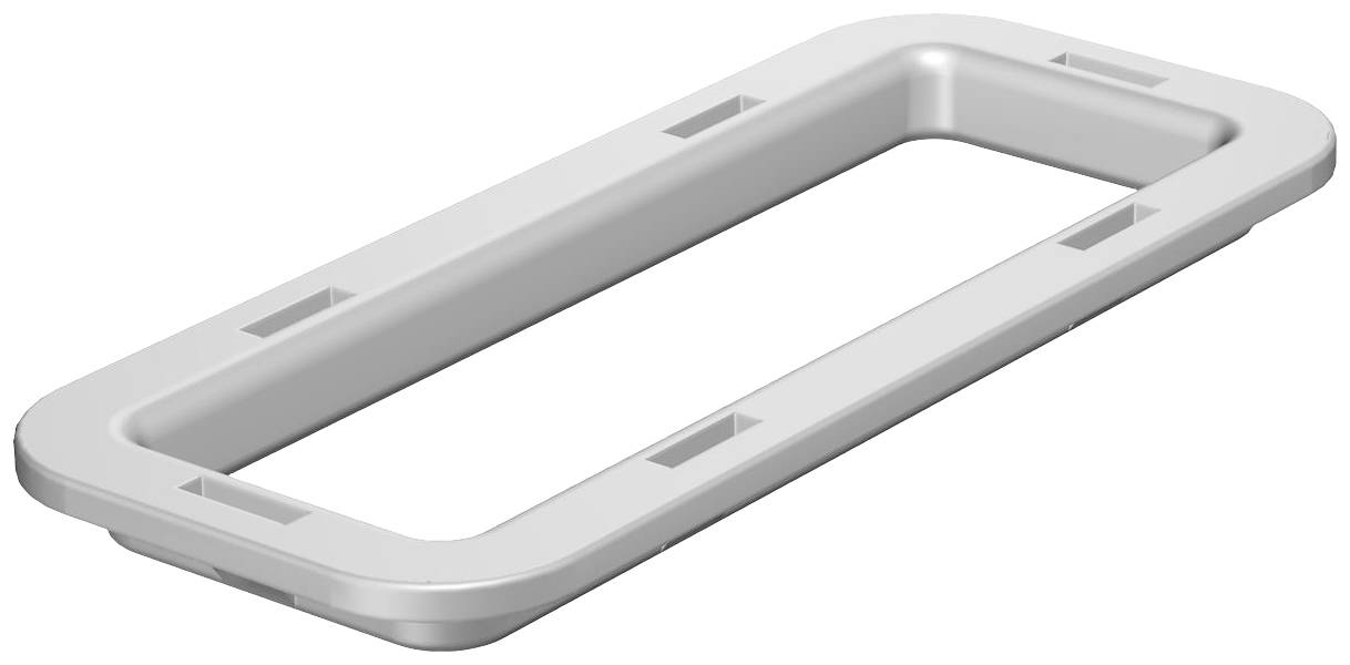 Rechteckige Kunststoffdichtung in Weiß mit abgerundeten Ecken, möglicherweise für industrielle oder mechanische Anwendungen.