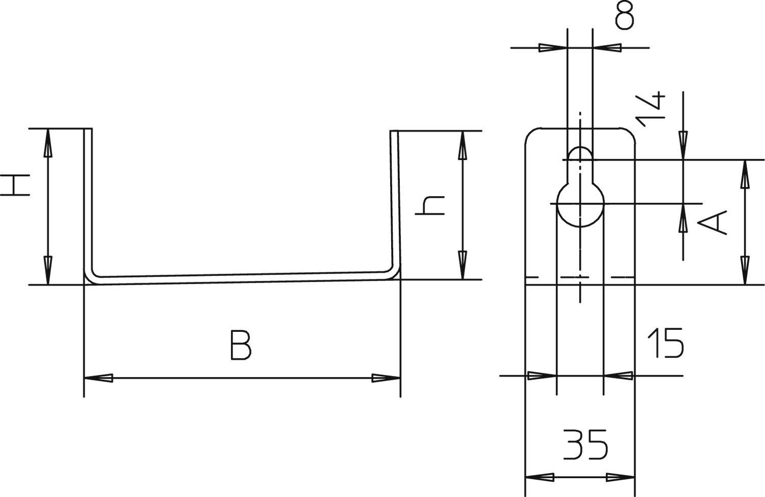 Technische Zeichnung eines U-förmigen Profils mit Maßen: Breite B, Höhe H, innere Höhe h, Befestigungslöcher mit Abständen und Durchmessern.