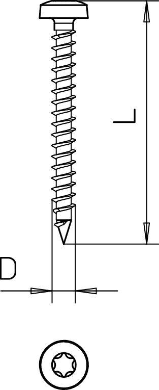 Technische Zeichnung einer Schraube mit Schnittansicht. Zeigt Gewinde, Kopf, Spitzenform und eine Detailansicht des Kopfprofils.