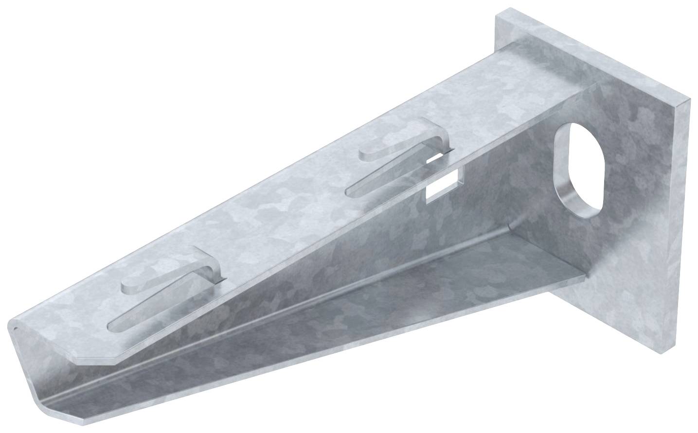 Ein verzinkter Metallträger in dreieckiger Form mit Befestigungsöffnungen.