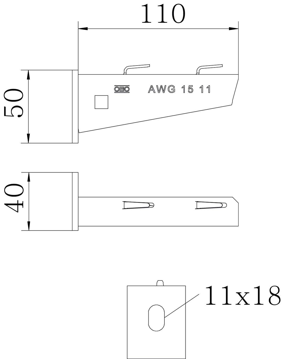 Technische Zeichnung eines Metallteils mit Maßen: 110x50 mm. Seitenansicht zeigt Markierung 'AWG 15 11'. Frontansicht zeigt Dimension 11x18 mm.
