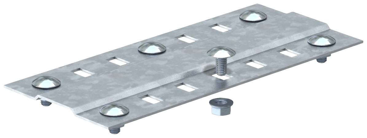 Metallplatte mit Löchern und angeschraubten Muttern, geeignet für Baumontage oder Konstruktion. Sechs Muttern sind montiert, eine liegt daneben.